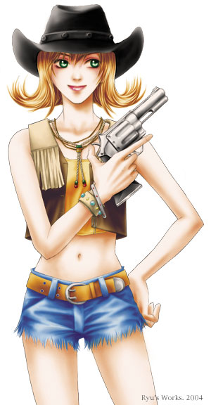 1girl bare_arms bare_shoulders belt bracelet brown_hair closed_mouth cowboy_hat crop_top denim denim_shorts final_fantasy final_fantasy_viii flipped_hair green_eyes gun hand_on_hip hat holding holding_gun jacket jewelry long_hair looking_to_the_side midriff navel necklace revolver ryu_(artist) selphie_tilmitt short_shorts shorts simple_background sleeveless solo standing vest white_background