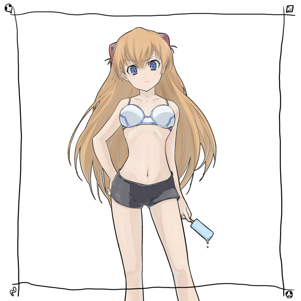 bra brown_hair commentary commentary_request food ice_cream lingerie long_hair muumuu neon_genesis_evangelion shikinami_asuka_langley shorts solo souryuu_asuka_langley underwear