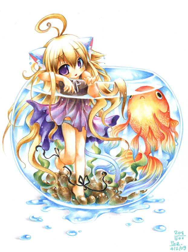 ahoge animal_ears barefoot blonde_hair bowl cat_ears cat_tail emperpep feet fish goldfish long_hair purple_eyes solo tail toes traditional_media violet_eyes watercolor_(medium) wet