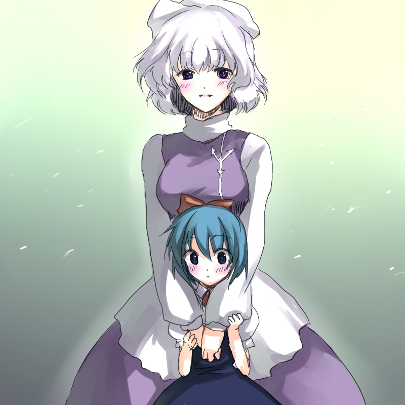 age_difference blush cirno hat height_difference hug hug_from_behind letty_whiterock multiple_girls onimaru_gonpei short_hair touhou