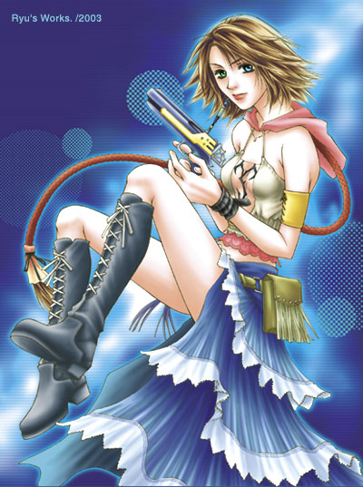 1girl armband bare_shoulders belt_pouch blue_eyes boots brown_hair closed_mouth cross-laced_footwear female final_fantasy final_fantasy_x final_fantasy_x-2 full_body green_eyes gun heterochromia holding holding_gun knee_boots lace-up_boots long_hair ponytail ryu_(artist) showgirl_skirt skirt sleeveless solo wristband yuna