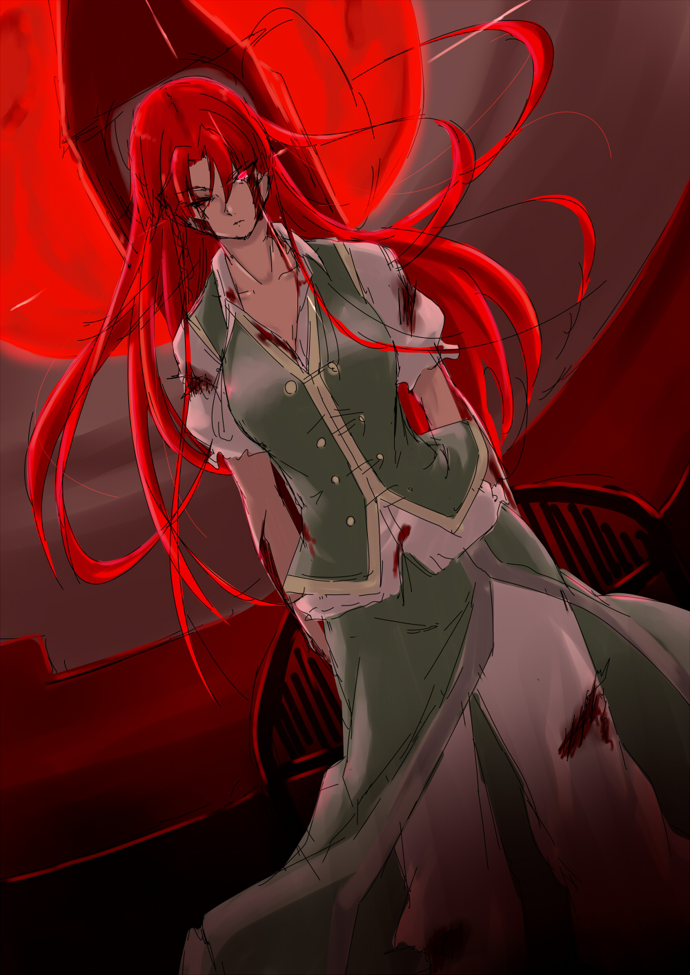 1girl blood blood_on_face china_dress chinese_clothes clock clock_tower collarbone full_moon glowing glowing_eye highres hong_meiling injury long_hair moon niwatazumi pants red_eyes red_moon redhead rough scarlet_devil_mansion touhou tower vest wince wound