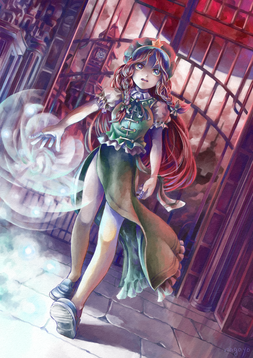 1girl bandages braid chinese_clothes clock clock_tower dutch_angle energy_ball flats gate green_eyes hat highres hong_meiling long_hair looking_at_viewer moon nagayo no_socks open_mouth puffy_sleeves red_moon redhead revision scarlet_devil_mansion shirt short_sleeves side_slit signature skirt skirt_set solo star touhou tower twin_braids very_long_hair vest