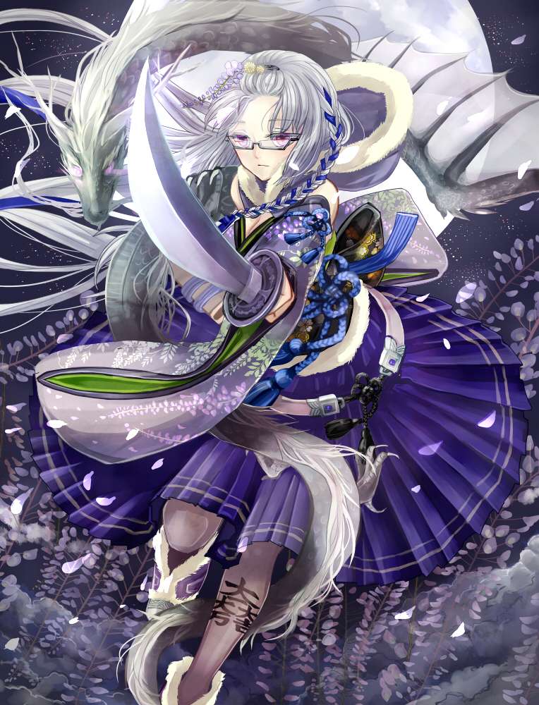 1girl aiha-deko braid dragon flower glasses grey_hair hair_ornament long_hair original pink_eyes skirt sword weapon