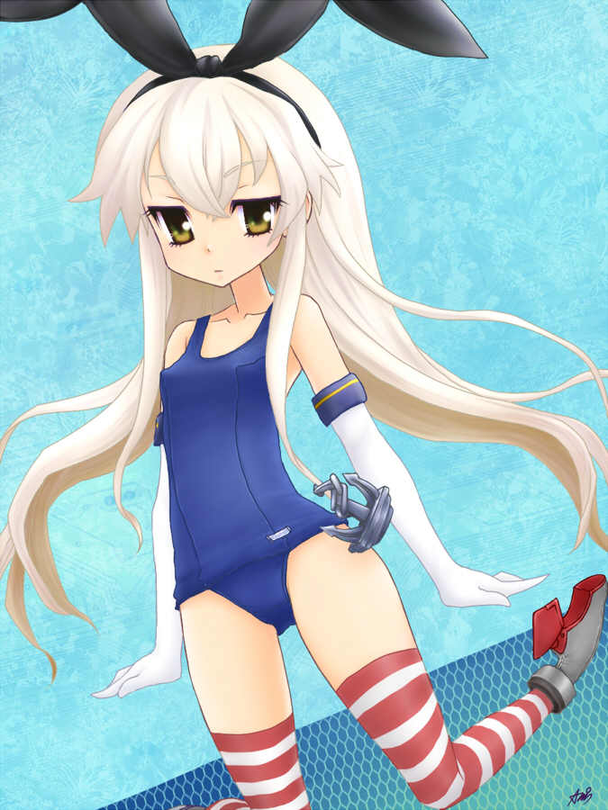 1girl ashmix blonde_hair brown_eyes elbow_gloves gloves hairband kantai_collection long_hair personification school_swimsuit shimakaze_(kantai_collection) striped striped_legwear swimsuit thighhighs