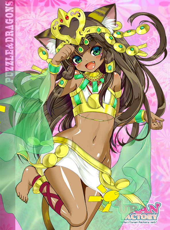 1girl animal_ears barefoot bastet brown_hair cat_ears cat_tail green_eyes headdress long_hair navel open_mouth paw_pose puzzle_&amp;_dragons skirt smile solo tail tan uran_(uran-factory)