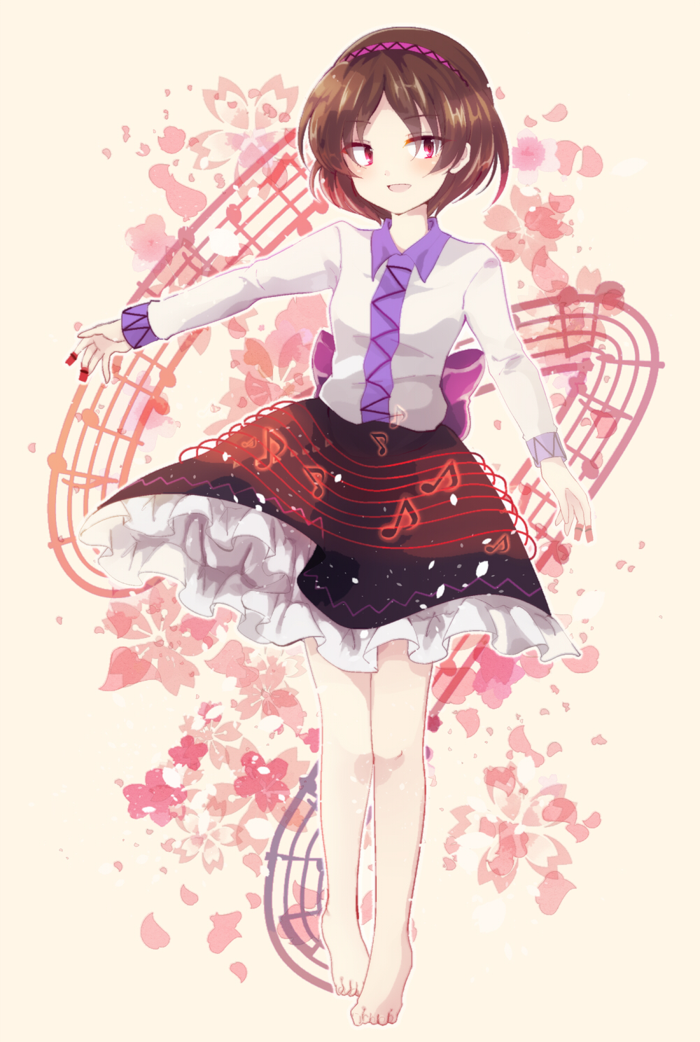 1girl barefoot brown_hair cherry_blossoms hair_ribbon highres musical_note red_eyes ribbon short_hair solo test_score touhou tsukumo_yatsuhashi uranaishi_(miraura)