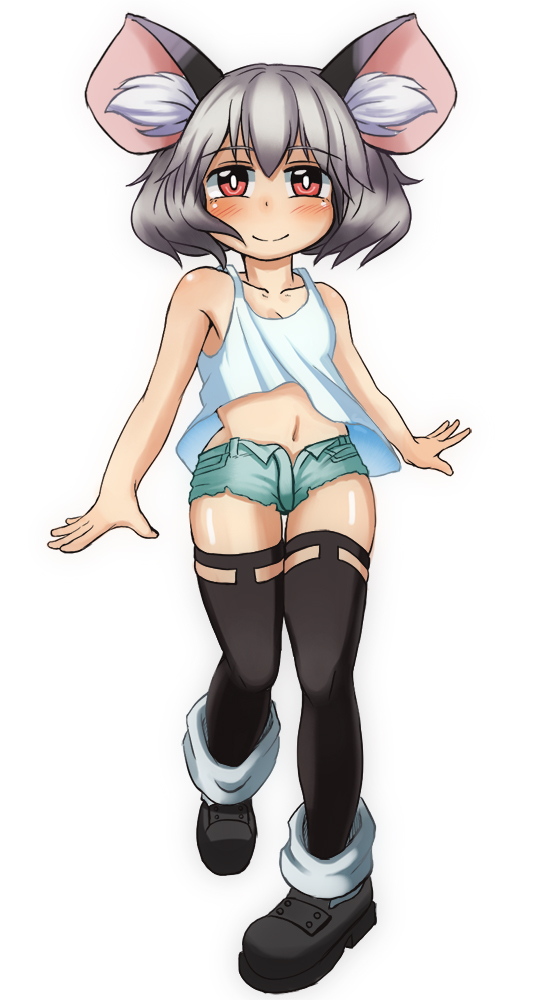 1girl animal_ears bare_shoulders black_legwear collarbone denim denim_shorts grey_hair mouse_ears nazrin red_eyes shorts solo tank_top thigh-highs touhou