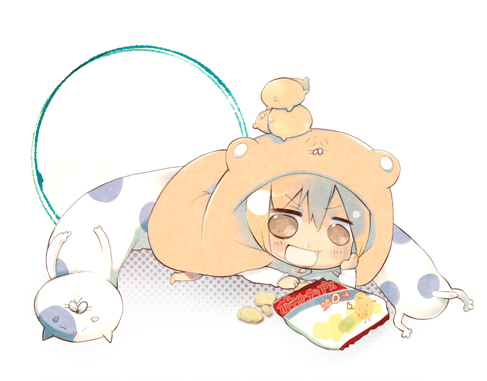 1girl animal_costume animal_on_head brown_eyes cat chibi cloak doma_umaru hamster himouto!_umaru-chan hood inushige longcat potato_chips solo