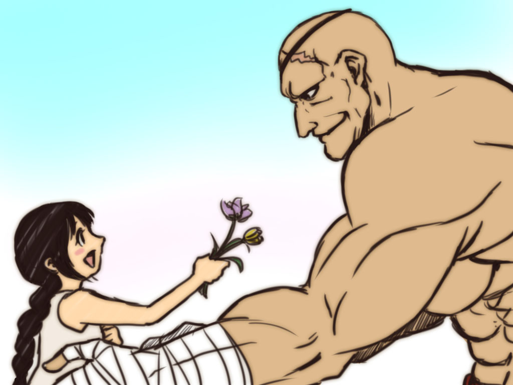 1boy 1girl abs bald black_hair blush braid child extra eyepatch flower incipient_hug long_hair muscle outstretched_arms sagat scar size_difference smile spring_rain street_fighter wrist_wraps