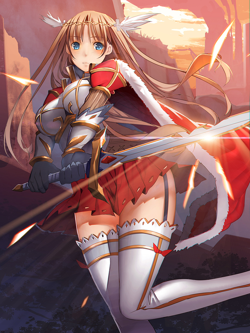 1girl armor armored_dress brown_hair cape female garter_straps joeian long_hair shiny smile solo sword thigh-highs weapon