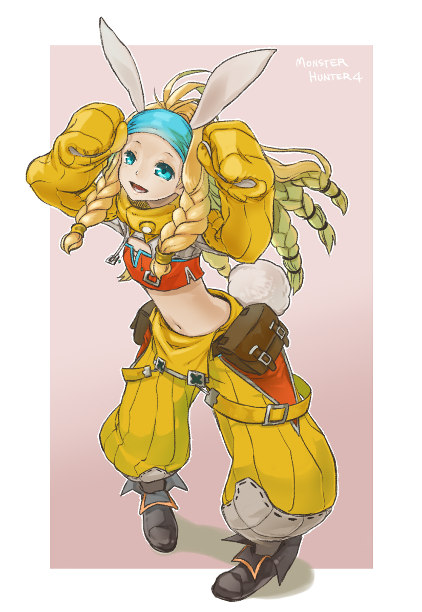 1girl animal_ears ankle_boots antenna_hair baggy_pants belt_pouch blonde_hair blue_eyes boots braid braided_hair bunny_tail detached_sleeves flat_chest headband long_hair midriff monster_hunter monster_hunter_4 navel nokuran pigeon-toed rabbit_ears smile solo suspenders tail tubetop