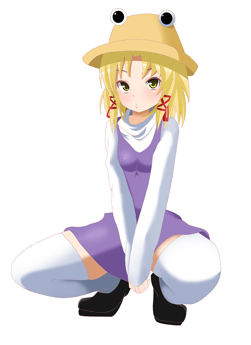 1girl blonde_hair hair_ornament hat kai187 moriya_suwako solo squatting thigh-highs touhou white_legwear wide_sleeves yellow_eyes