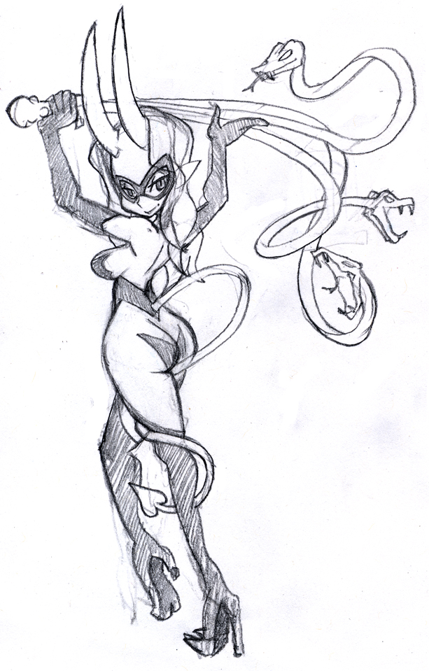 1girl alex_ahad ass boots breasts concept_art d._violet demon_tail elbow_gloves gloves high_heels horns long_hair mask monochrome pointy_ears sideboob sketch skullgirls snake solo stiletto_heels tail thigh-highs thigh_boots whip