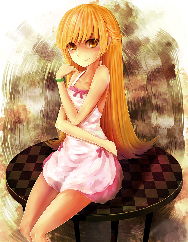 1girl blonde_hair dress hebinuma long_hair monogatari_(series) nisemonogatari oshino_shinobu table yellow_eyes