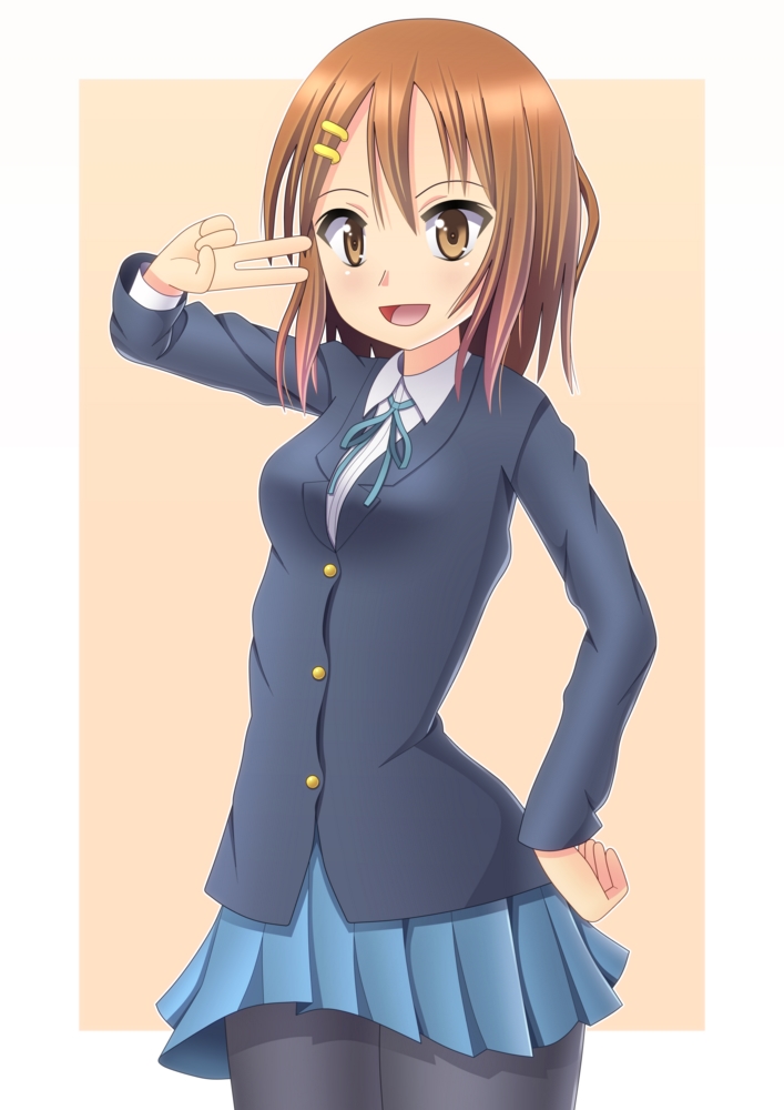 1girl brown_eyes brown_hair hirasawa_yui k-on! pantyhose school_uniform short_hair tobirakaiho v