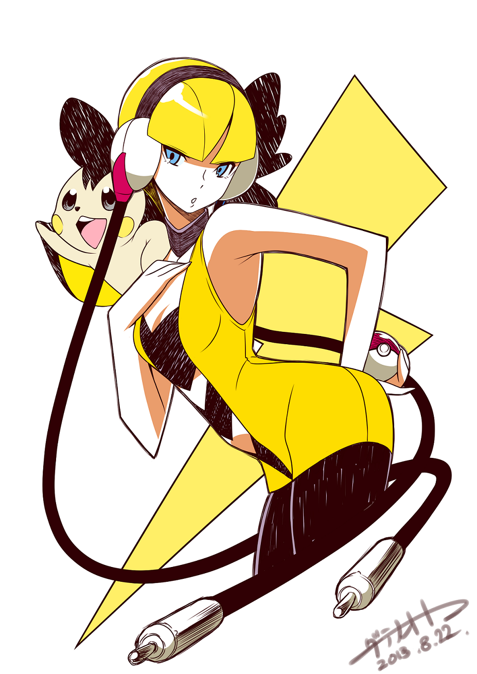 1girl bare_shoulders blonde_hair blue_eyes choker date_naoto dated emolga gym_leader halterneck headphones highres holding holding_poke_ball kamitsure_(pokemon) lightning_bolt pantyhose poke_ball pokemon pokemon_(game) pokemon_bw short_hair signature tubetop