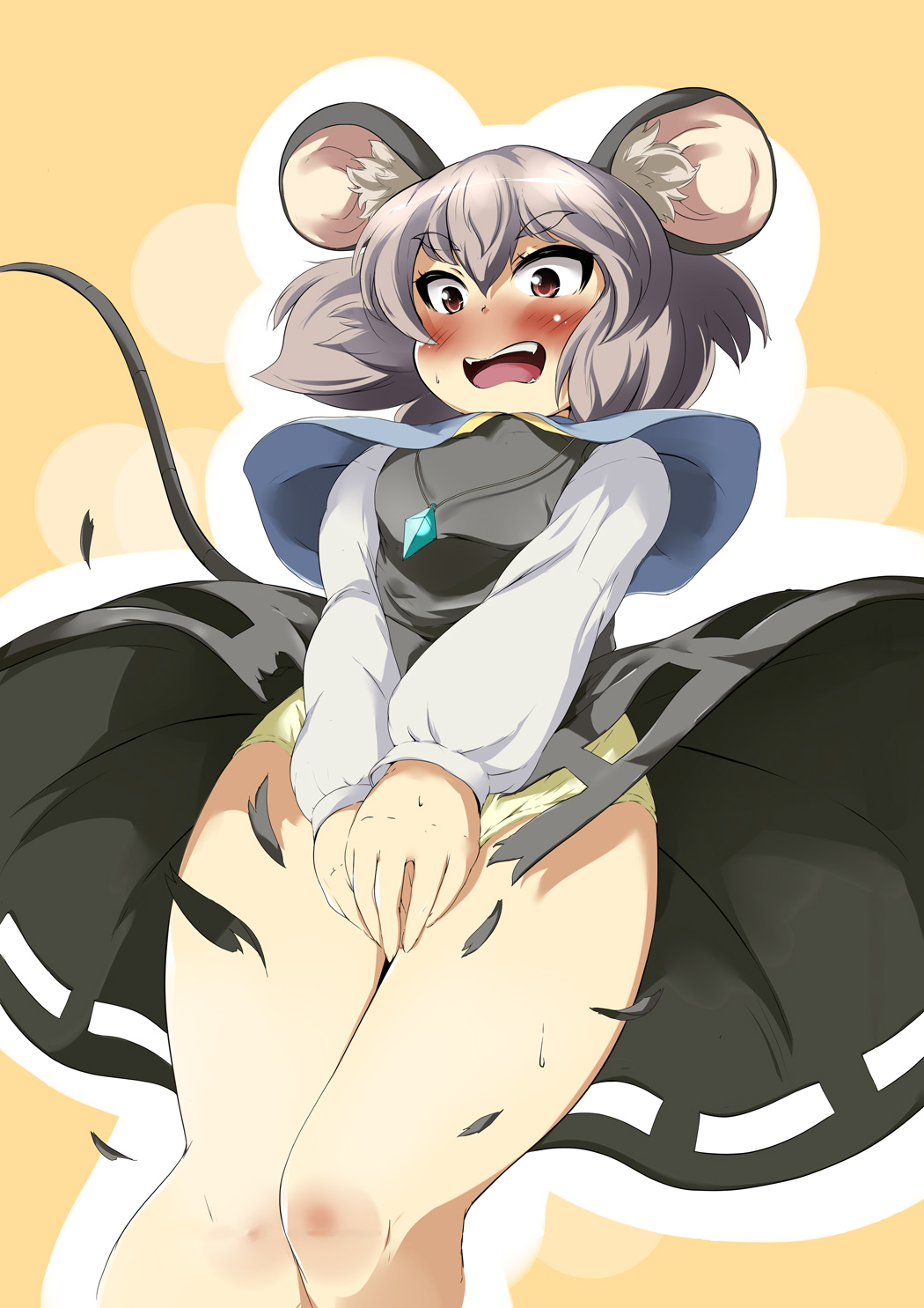 1girl animal_ears blush capelet covering covering_crotch grey_hair highres jewelry kehukoete long_sleeves mouse_ears mouse_tail nazrin open_mouth panties pendant red_eyes short_hair skirt solo tail torn_clothes torn_skirt touhou underwear yellow_panties