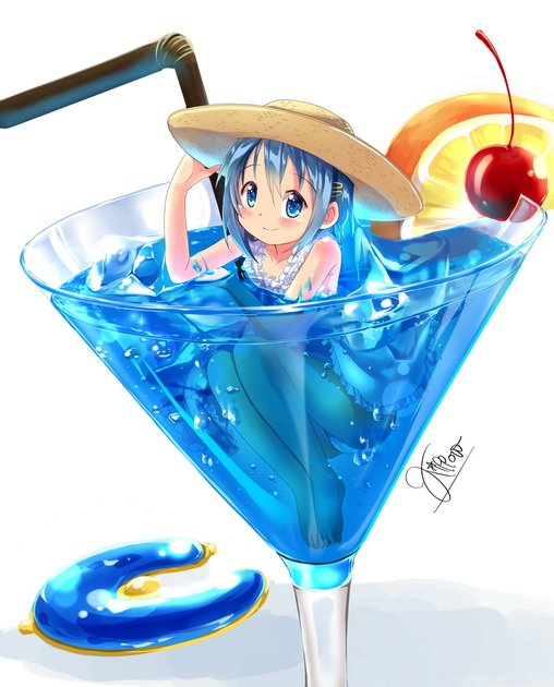 1girl barefoot blue_eyes blue_hair blush cherry cocktail cup dress drink food fruit glass gleision_adain hair_ornament hairclip hat in_container in_cup lemon lemon_slice looking_at_viewer mahou_shoujo_madoka_magica miki_sayaka signature smile straw sun_hat white_background