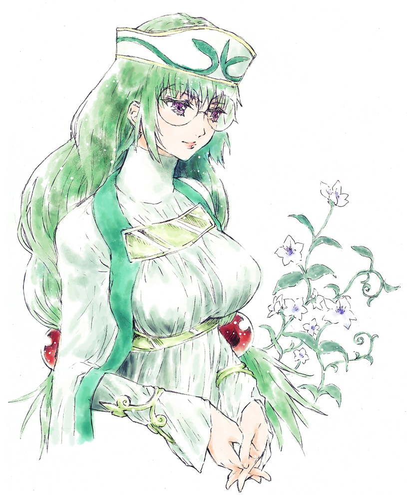 1girl flower glasses green_hair hat jako_(toyprn) long_hair low-tied_long_hair philia_felice solo tales_of_(series) tales_of_destiny tales_of_destiny_2 twintails violet_eyes white_background