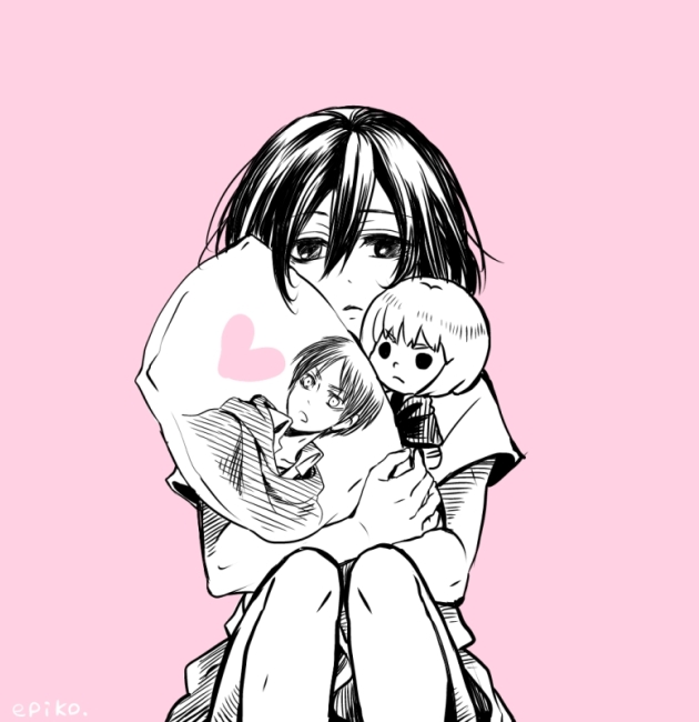 1girl aki_epiko armin_arlert character_doll character_pillow eren_jaeger heart mikasa_ackerman pillow shingeki_no_kyojin short_hair solo