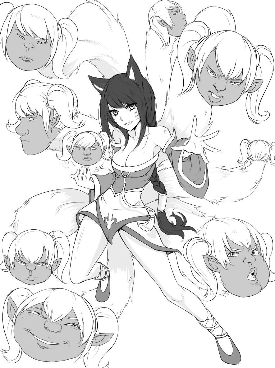 1girl ahri animal_ears breasts cleavage detached_sleeves fox_ears fox_tail hydra korean_clothes league_of_legends long_hair monochrome multiple_tails poppy scofa skirt solo tail twintails what