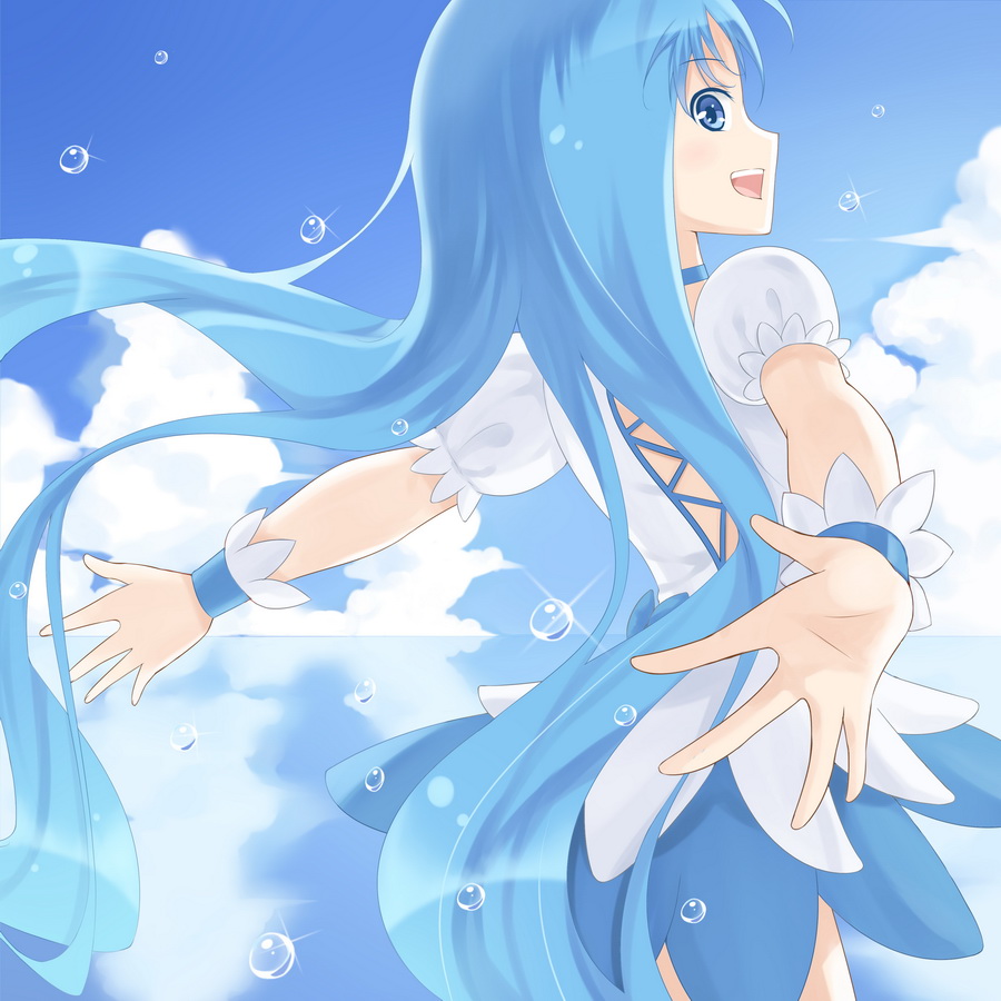 1girl back blue_eyes blue_hair cure_marine hair_ornament heart heartcatch_precure! kurumi_erika long_hair looking_back magical_girl oni1103 open_mouth outstretched_arms precure ribbon smile water wrist_cuffs