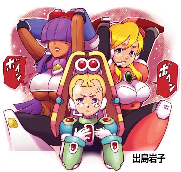 3girls alia_(rockman) android armor arms_up blonde_hair blue_eyes breast_envy breasts dark_skin hair_over_eyes layer mole multiple_girls palette_(rockman) purple_hair robot_ears rockman rockman_x