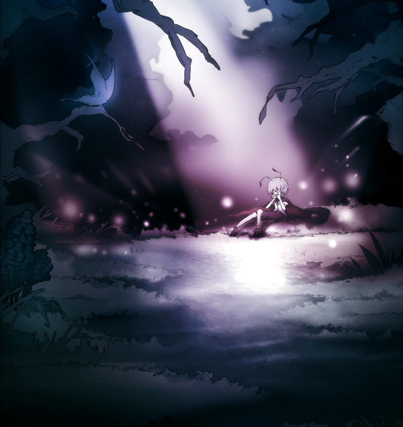 1girl antennae branch butterfly cape capelet forest grass illumination legs moonbeam moonlight nature pond short_hair shorts sitting touhou wriggle_nightbug yoshioka_yoshiko