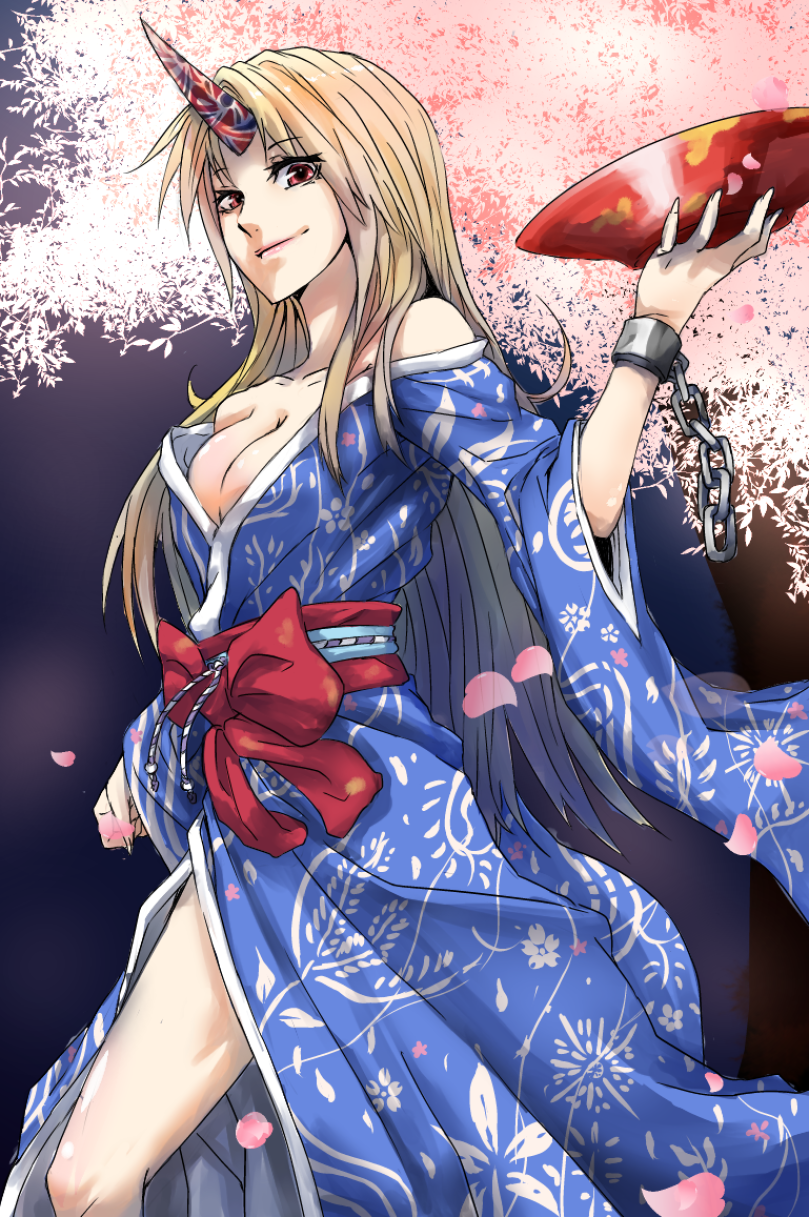 1girl alternate_costume bare_shoulders blonde_hair breasts chain cherry_blossoms cleavage clenched_hand collarbone cuffs floral_print ganagoa gradient gradient_background highres horn hoshiguma_yuugi japanese_clothes kimono lips long_hair looking_at_viewer manacles obi petals raised_hand red_eyes sakazuki smirk solo touhou tree very_long_hair yukata