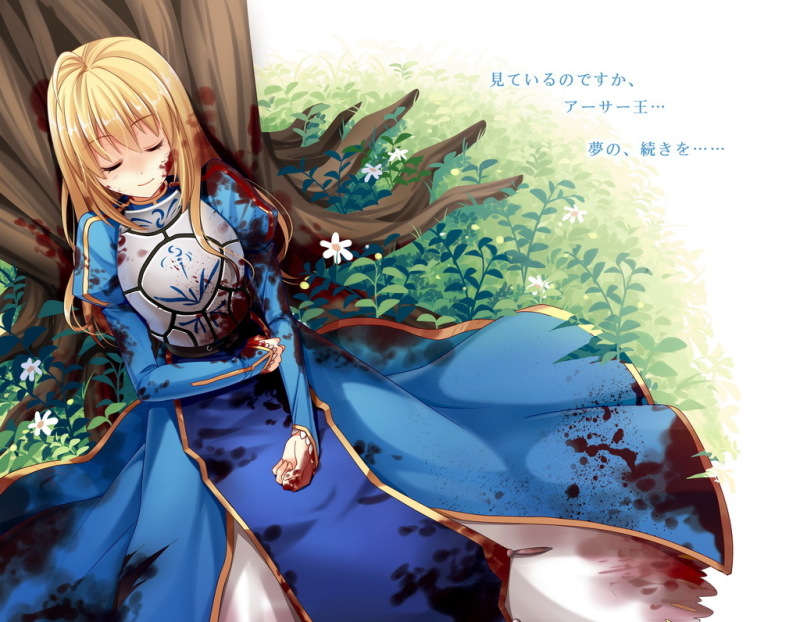 1girl ahoge armor armored_dress artist_request blonde_hair blood closed_eyes dress fate/stay_night fate_(series) hair_down hair_ribbon long_hair ribbon saber sleeping smile solo translation_request tree