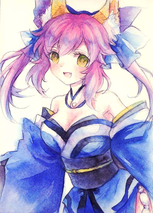 1girl animal_ears bare_shoulders bow breasts caster_(fate/extra) choker cleavage detached_sleeves fate/extra fate_(series) fox_ears fox_tail hair_bow hair_ribbon japanese_clothes norino_moto obi pink_hair ribbon smile solo tail traditional_media twintails watercolor_(medium) yellow_eyes
