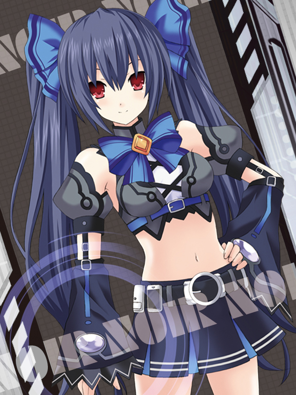 1girl black_hair bow breasts choujigen_game_neptune kagura_ittou kami_jigen_game_neptune_v long_hair looking_at_viewer midriff navel noire red_eyes smile solo twintails