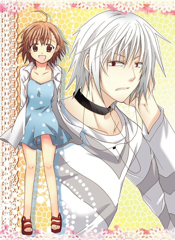 1boy 1girl :d accelerator ahoge brown_eyes brown_hair dress haruna_hisui last_order open_mouth polka_dot polka_dot_dress red_eyes short_hair smile t-shirt to_aru_majutsu_no_index white_hair