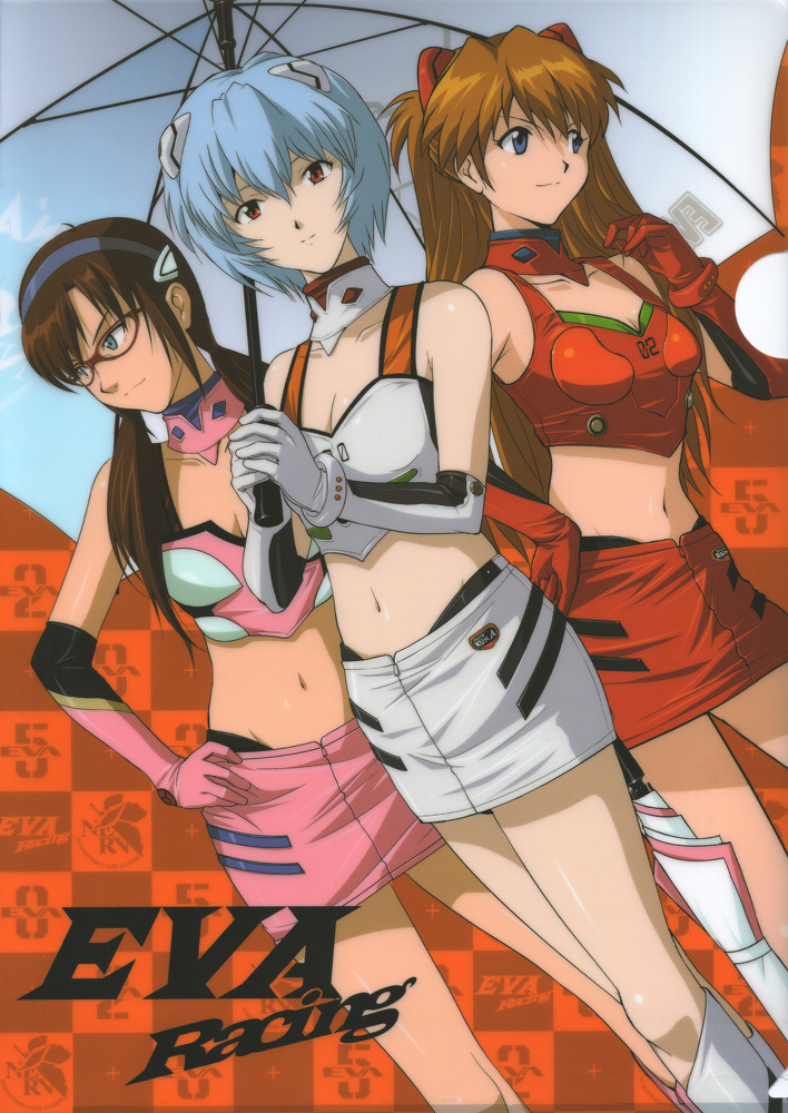 3girls adapted_costume ayanami_rei blue_eyes blue_hair boots brown_hair gloves makinami_mari_illustrious midriff miniskirt multiple_girls neon_genesis_evangelion parasol race_queen rebuild_of_evangelion red_eyes red_hair shikinami_asuka_langley souryuu_asuka_langley umbrella