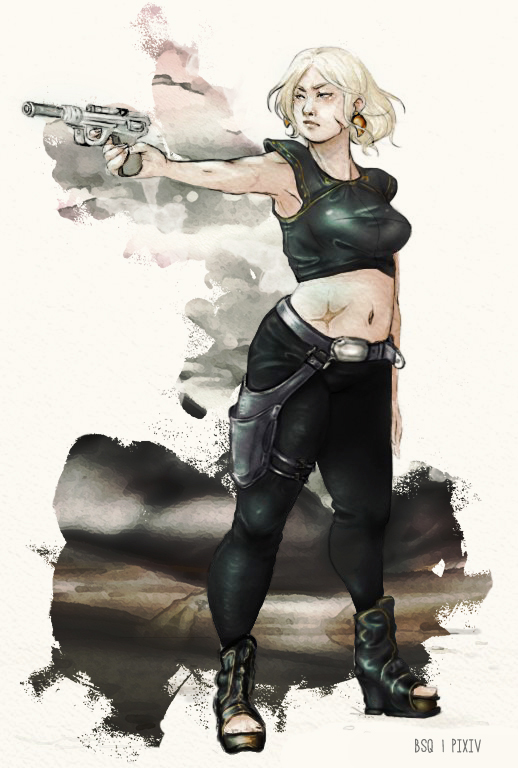 1girl aiming bluescreen_queen boots breasts crop_top earrings gun holster jewelry navel pale_skin pants pistol scar short_hair sleeveless solo star_wars star_wars:_knights_of_the_old_republic weapon white_hair