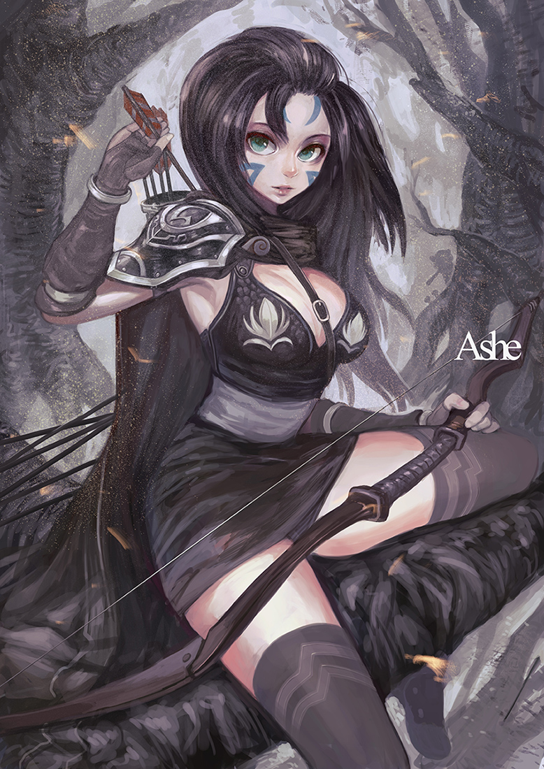 1girl ashe_(league_of_legends) black_hair boots breasts cape cleavage danann dress green_eyes league_of_legends long_hair smile tattoo thighhighs tree