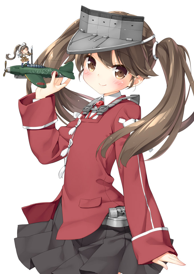 2girls airplane arrow_through_heart brown_eyes brown_hair kantai_collection long_hair looking_at_viewer minigirl multiple_girls peko personification ponytail ryuujou_(kantai_collection) simple_background skirt smile translation_request twintails visor_cap white_background