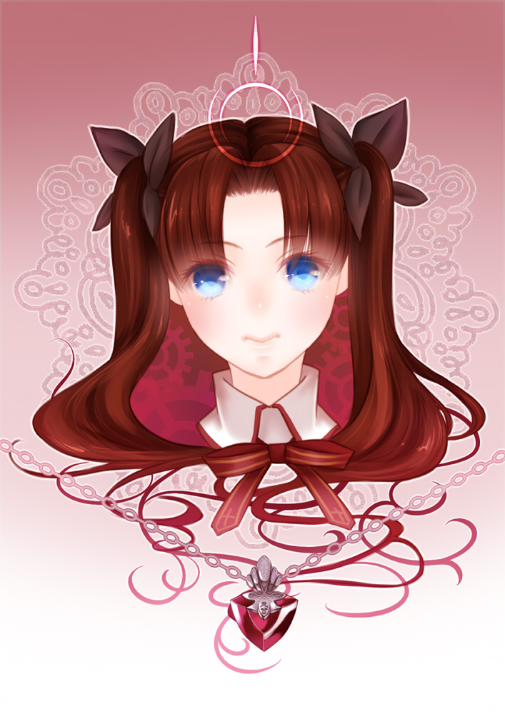 1girl blue_eyes brown_hair command_spell fate/stay_night fate_(series) hair_ribbon jewelry locket long_hair necklace nuruhachi_(honki) pendant ribbon solo tohsaka_rin toosaka_rin twintails young