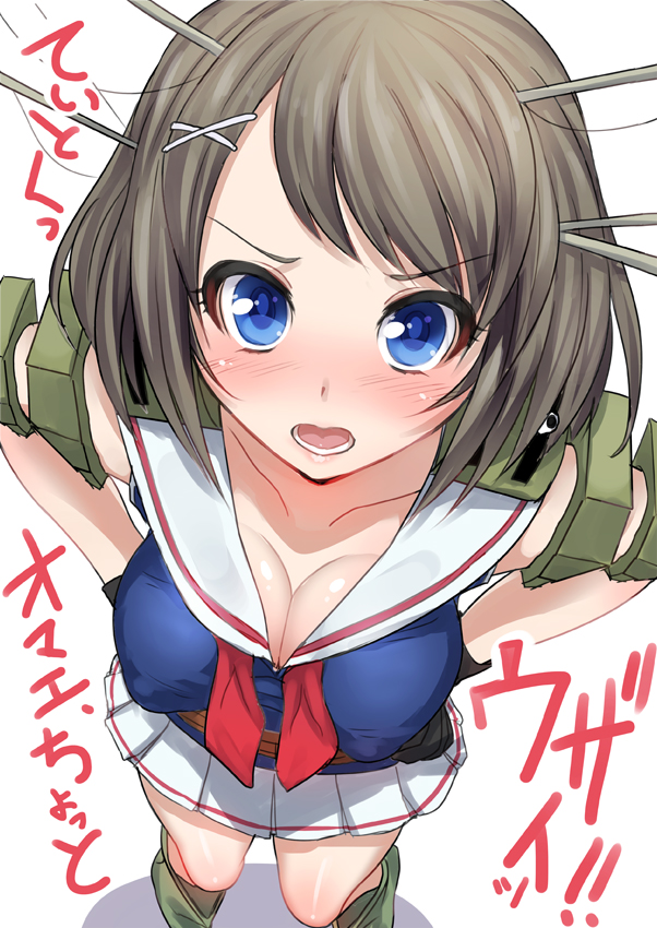 1girl blue_eyes blush breasts brown_hair cleavage from_above gloves hair_ribbon hands_on_hips headgear kantai_collection konoma large_breasts looking_at_viewer maya_(kantai_collection) open_mouth personification ribbon sailor_dress short_hair solo