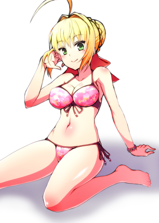 1girl bikini blonde_hair braid breasts cleavage fate/extra fate/extra_ccc fate_(series) green_eyes hair_ribbon ookami_maito ribbon saber_extra swimsuit