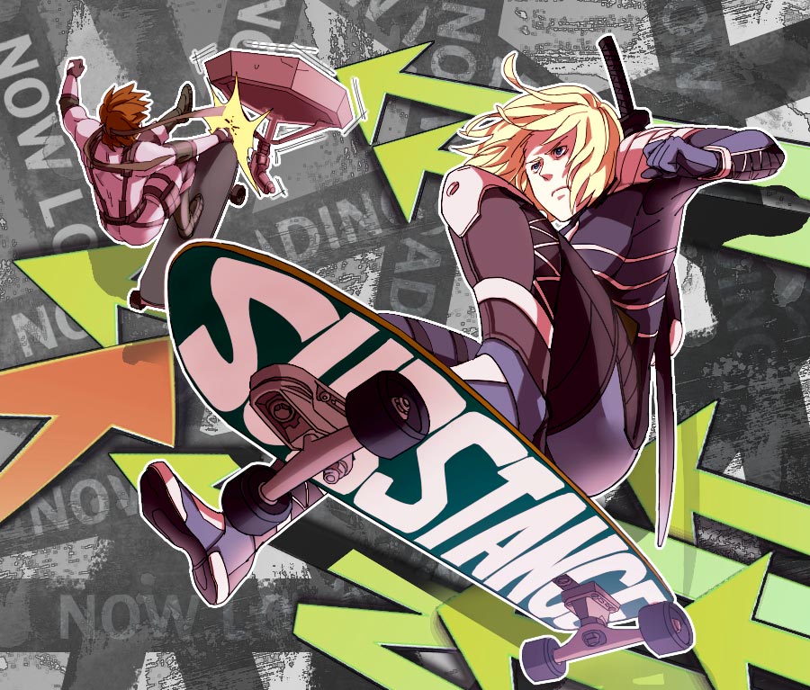 2boys blonde_hair bodysuit brown_hair headband katana knee_pads kurosu metal_gear metal_gear_solid metal_gear_solid_2 mullet multiple_boys over_shoulder raiden scabbard sheath skateboard skateboarding sneaking_suit solid_snake sword weapon weapon_over_shoulder