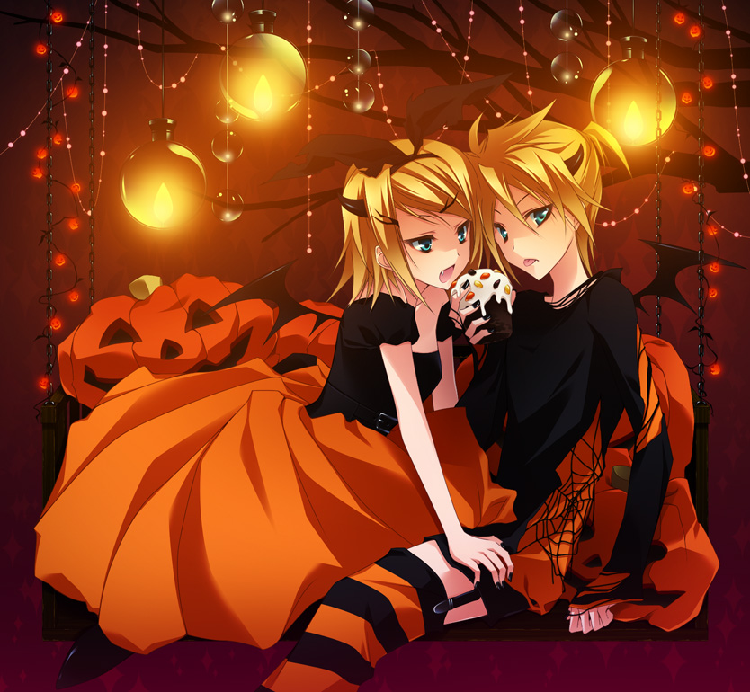 1boy 1girl bat_wings black_nails blonde_hair blue_eyes breasts candle cleavage drugstore04 halloween kagamine_len kagamine_rin pants pumpkin ribbon short_hair skirt tongue vocaloid wings