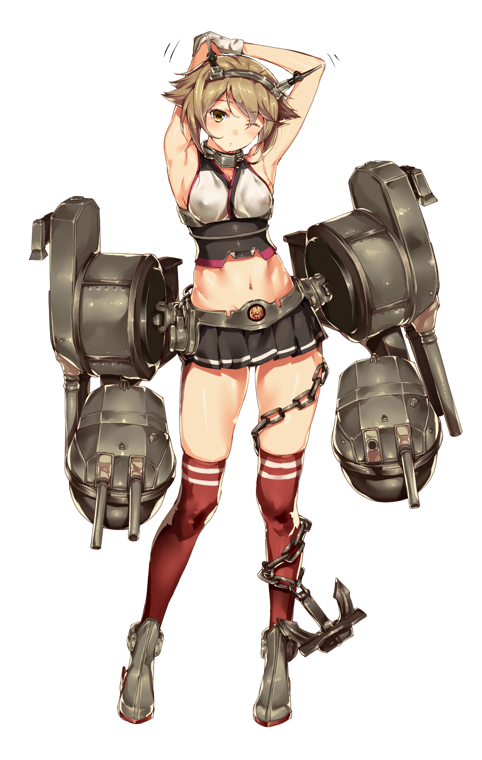 1girl aida_takanobu anchor armpits arms_up bare_shoulders brown_hair chain collar gloves green_eyes head_tilt headgear highres kantai_collection looking_at_viewer mecha_musume midriff mutsu_(kantai_collection) navel personification red_legwear short_hair simple_background skirt solo thighhighs white_gloves wink