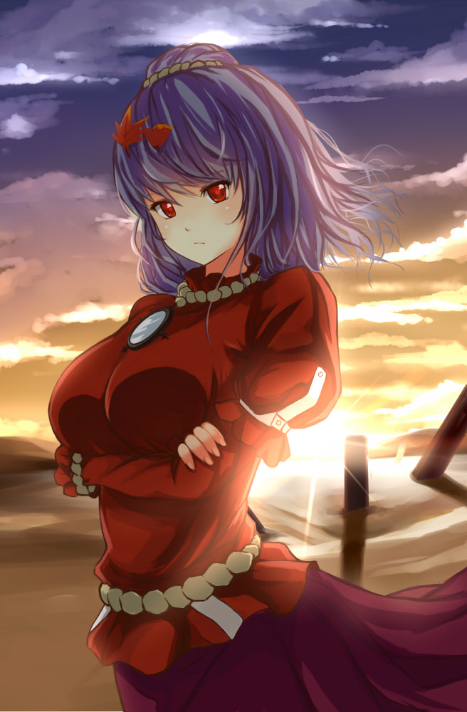 1girl breasts crossed_arms frown large_breasts mirror purple_hair red_eyes skirt solo sunset touhou wind x&amp;x&amp;x yasaka_kanako
