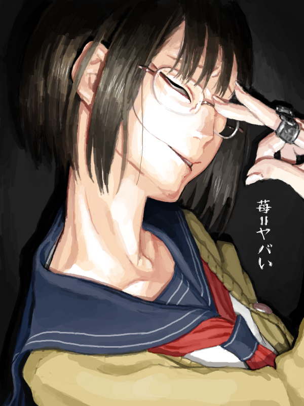 1girl adjusting_glasses black_hair blazer closed_eyes collarbone ears fingernails glasses hair_in_mouth jewelry mosaique neck original ring school_uniform short_hair simple_background straight_hair translation_request