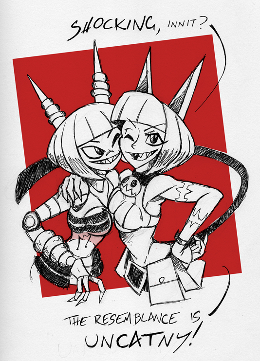 2girls animal_ears antennae belt belt_pouch bob_cut breasts cat_ears cat_tail crop_top crossover fingernails grin hand_on_hip look-alike mighty_no._3 mighty_no._9 monochrome multiple_girls nadia_fortune robot scar sharp_fingernails sharp_teeth short_hair skullgirls slender_waist smile tail under_boob wink