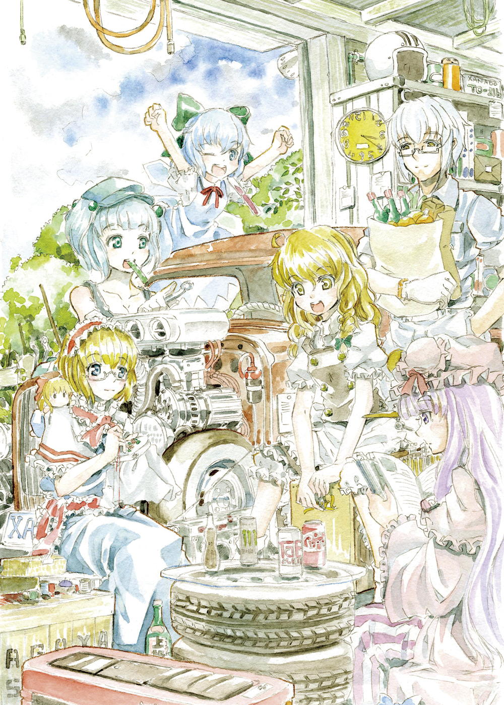1boy 5girls ahoge alice_margatroid alternate_costume apron arms_up bag bare_shoulders blonde_hair blue_eyes blue_hair blue_sky book bottle bow braid capelet car cirno clock clouds collarbone cucumber dress embroidery engine error food_in_mouth garage glasses graphite_(medium) green_eyes grocery_bag hair_bobbles hair_bow hair_ornament hairband hand_in_pocket hat helmet highres kawashiro_nitori kirisame_marisa license_plate lolita_hairband long_hair long_sleeves master_(4th) mob_cap morichika_rinnosuke motor_vehicle multiple_girls no_hat open_book open_mouth overalls patchouli_knowledge pincushion purple_hair reading ribbon robe sash semi-rimless_glasses shanghai_doll shelves shopping_bag short_hair short_sleeves silver_hair single_braid sitting skirt skirt_set sky smile soda_can spool striped striped_dress tire touhou traditional_media tree twintails under-rim_glasses vehicle very_long_hair violet_eyes waist_apron watercolor_(medium) wink wrench yellow_eyes