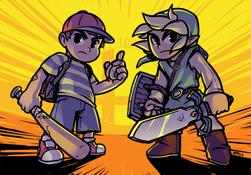 2boys bandaid baseball_bat baseball_cap blonde_hair brown_hair dual_wielding hat kaigetsudo link master_sword mother_(game) mother_2 multiple_boys ness pointy_ears shield shoes shorts sneakers striped super_smash_bros. sword t-shirt the_legend_of_zelda toon_link tunic weapon wind_waker yo-yo