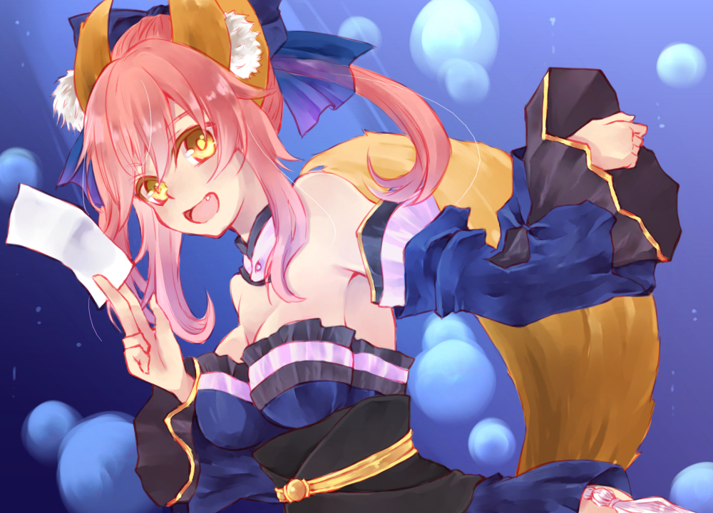 animal_ears asari_(23feline23) bare_shoulders bow breasts caster_(fate/extra) detached_sleeves fate/extra fate_(series) fox_ears fox_tail hair_bow hair_ribbon japanese_clothes ofuda pink_hair ribbon solo tail twintails yellow_eyes